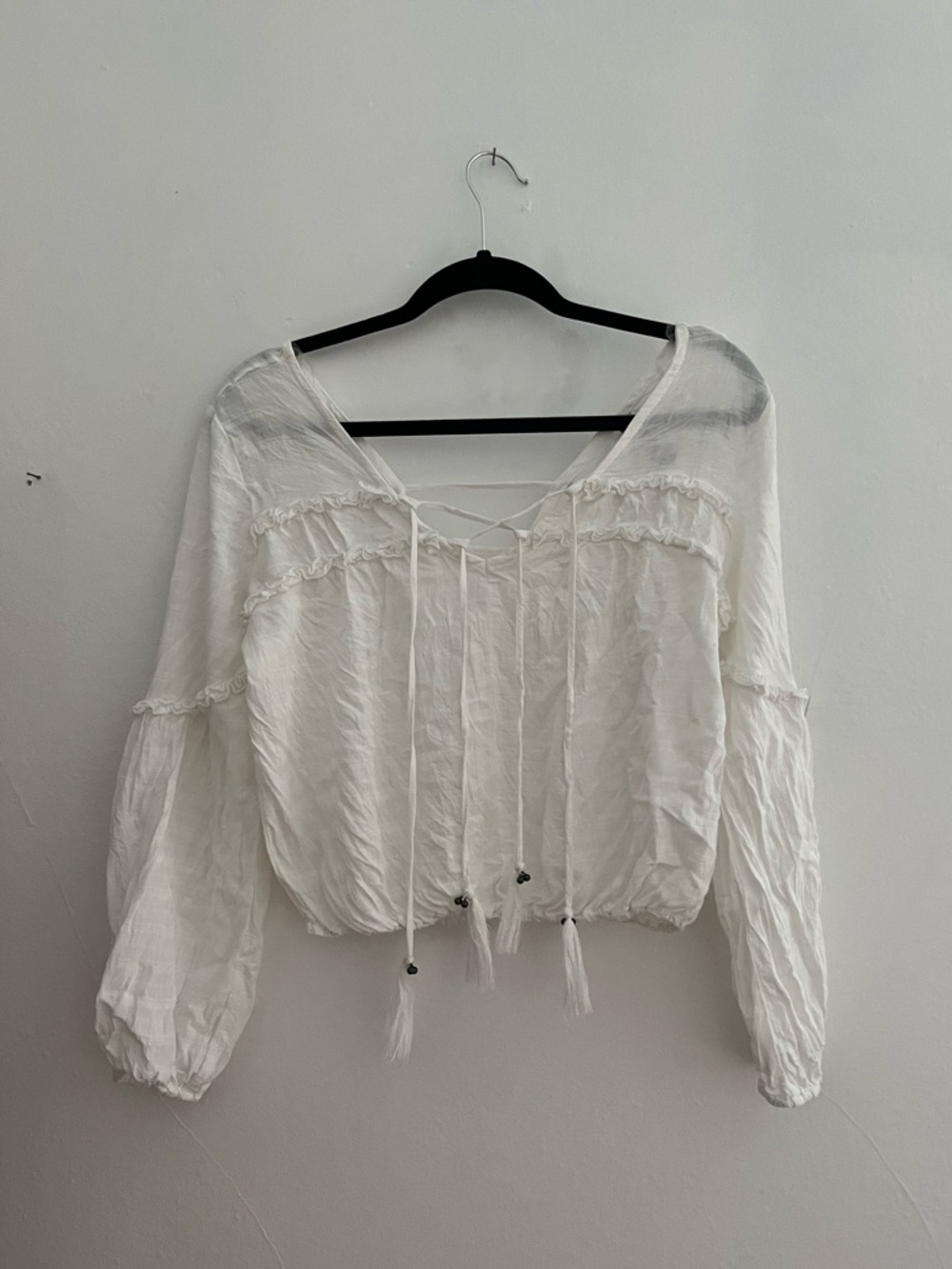 American Rag Women’s White Boho Long Sleeve Sheer Peasant Blouse Tassels Size S
